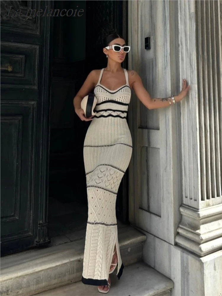 Knitted Long Dress Women Sexy Hollow Out Slim Suspenders Dresses New Summer Sleeveless Backless Beach Holiday Party Dress WHITE