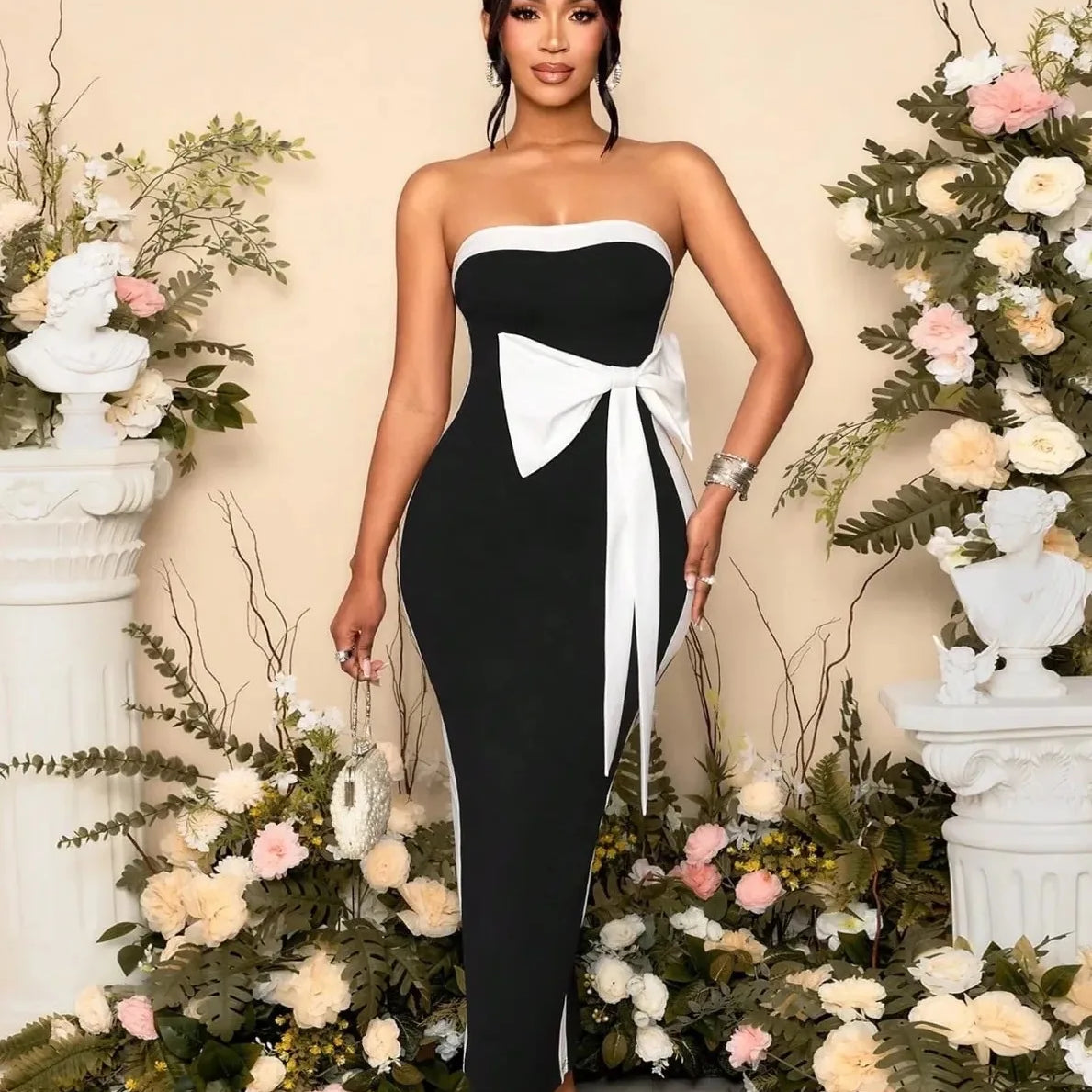 High Women Sexy Strapless Off the Shoulder Bow Bodycon Long Bandage Dress Nightclub Party Celebrate Birthday Outfit WHITE