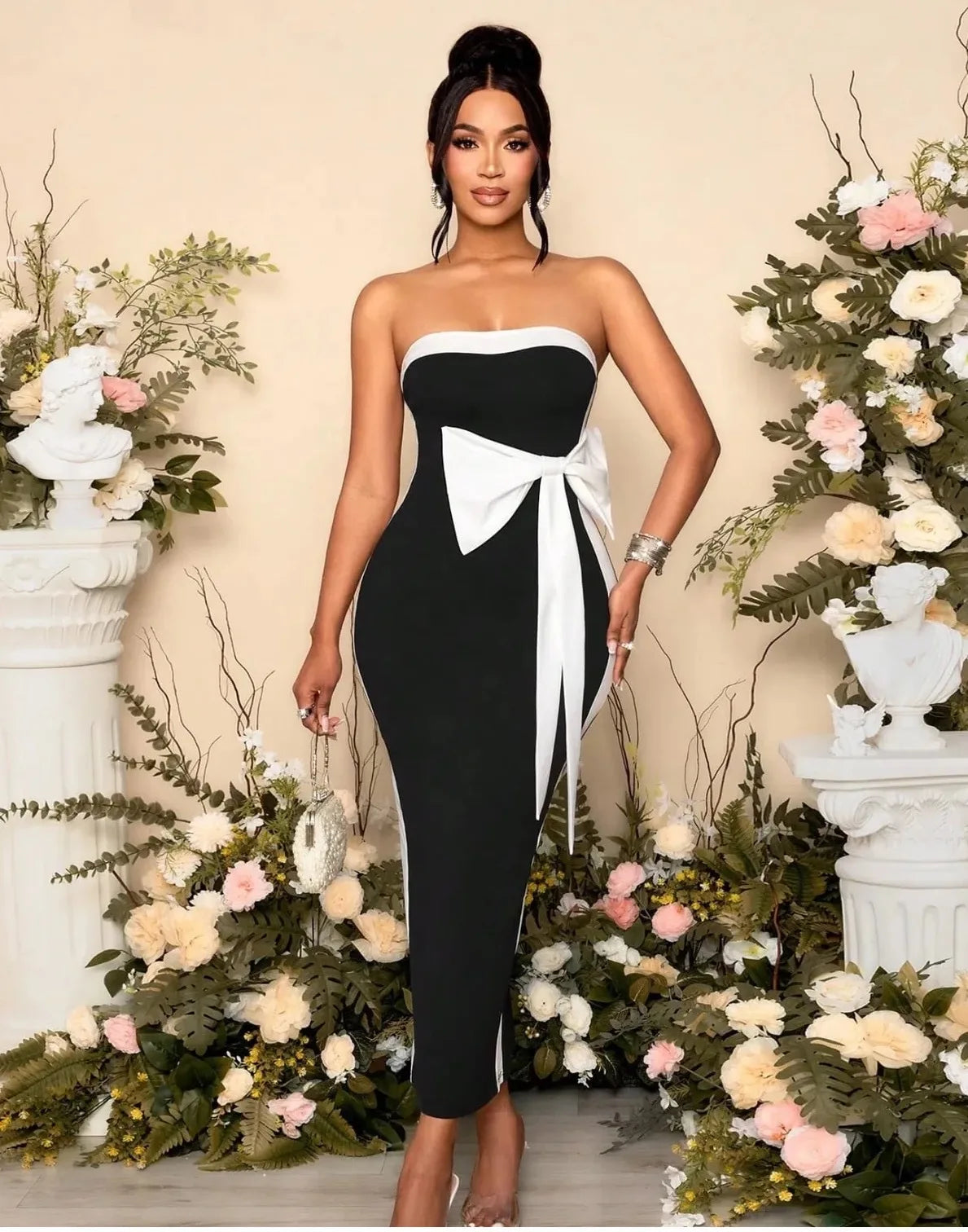 High Women Sexy Strapless Off the Shoulder Bow Bodycon Long Bandage Dress Nightclub Party Celebrate Birthday Outfit WHITE