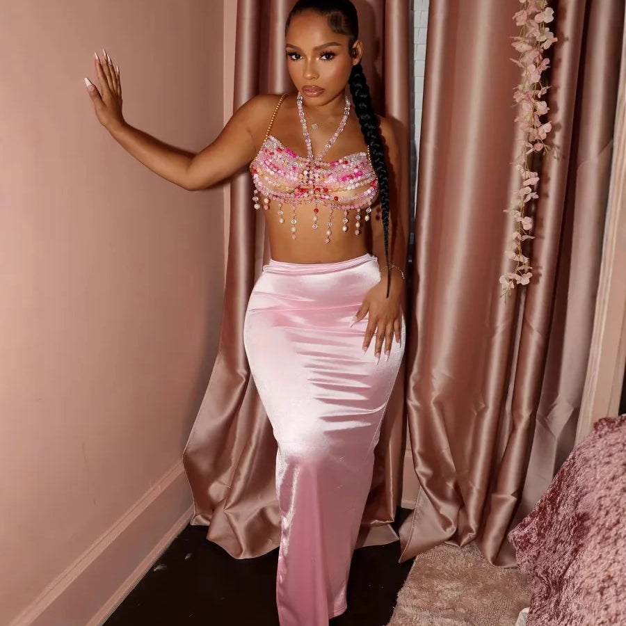 CM.YAYA Vintage Women Satin Bodycon Long Pencil Maxi Long Skirt 2025 Summer Sweet Holiday Beach Street INS Fashion OL Skirts