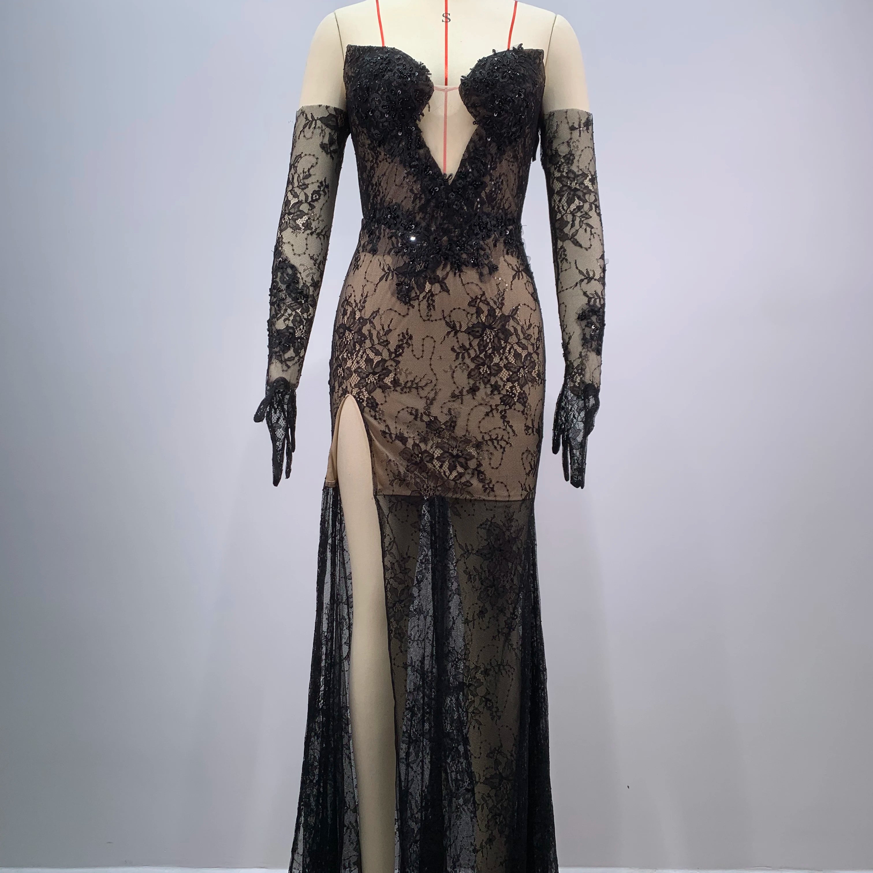 Fashion Gloves Sexy Mesh See Through Black Lace Strapless Midi Calf Dress Birthday Party Evening Dress Celebrity Party Dress