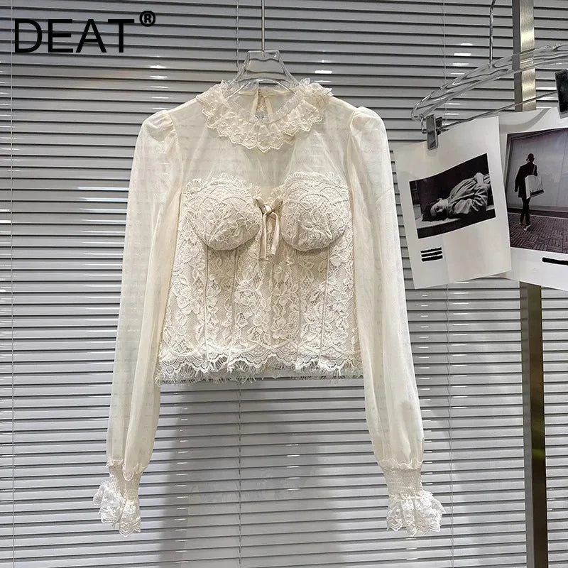 Winter New Fashion Style Elegant Bow Lace Patchwork Chest Pad Chiffon Blouse For Women Short Small Shirt 11A07927