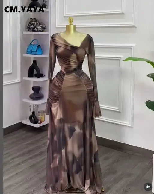 CM.YAYA Women Tie Dye Printed Skew Neck Flare Long Sleeve Ruched Stacked Maxi Long Dress 2025 Summer Birthday Sexy Party Dresses
