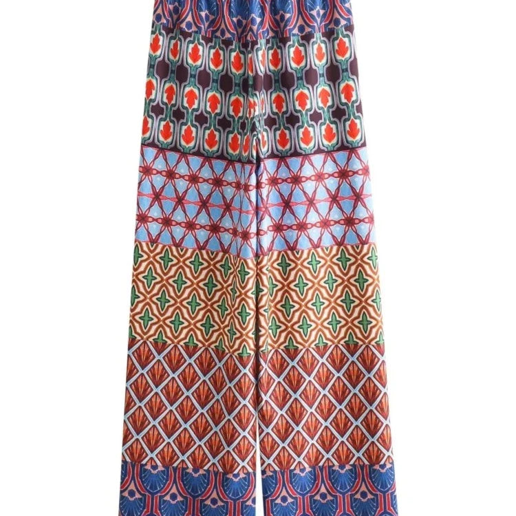 Aonibeier Printed Women Slim Shirt Wide Pants Suits Traf Summer Flare Sleeve Knot Front V Neck Crop Top Female Sets Y2K Outfits