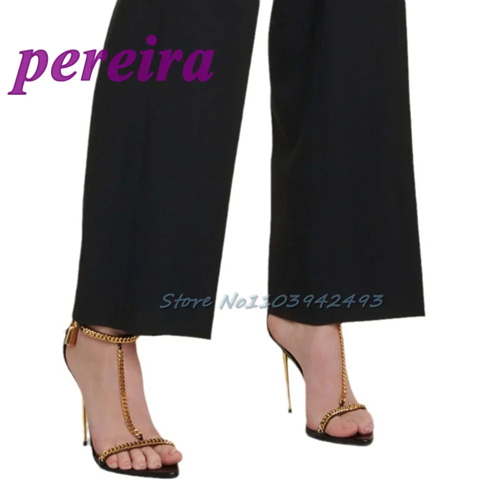 Metal Decor Heeld Sandals Pointed Toe Gold Heels Chain Ankle Buckle Strap Women luxury Designer Shoes Summer Handmade Tacones