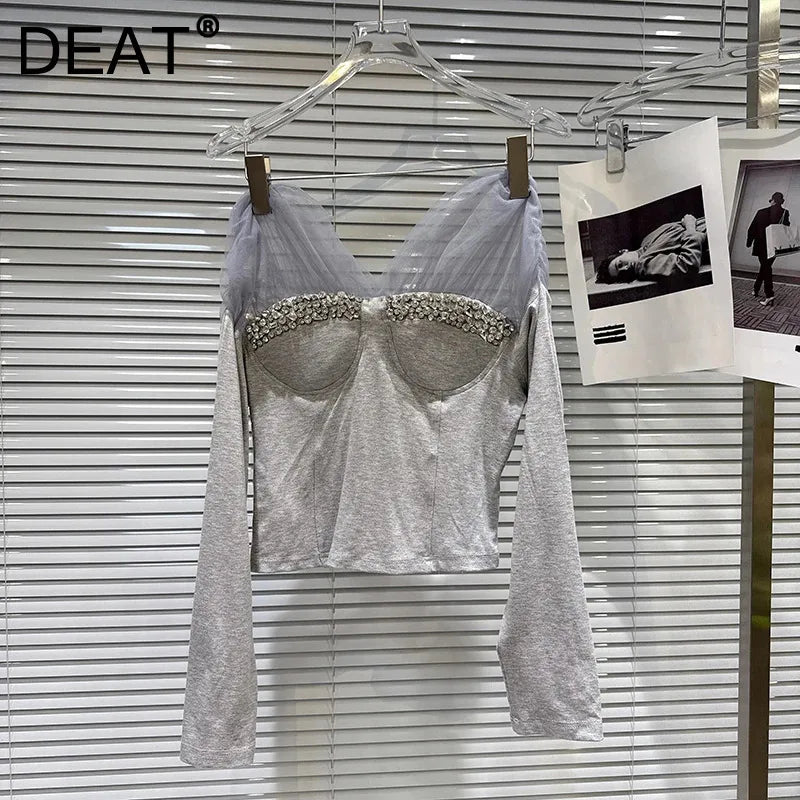 Winter New Fashion Mesh Patchwork Rhinestone Beaded Chest Pad T-Shirt For Women Slim Fit Short Tops Female 11A07772