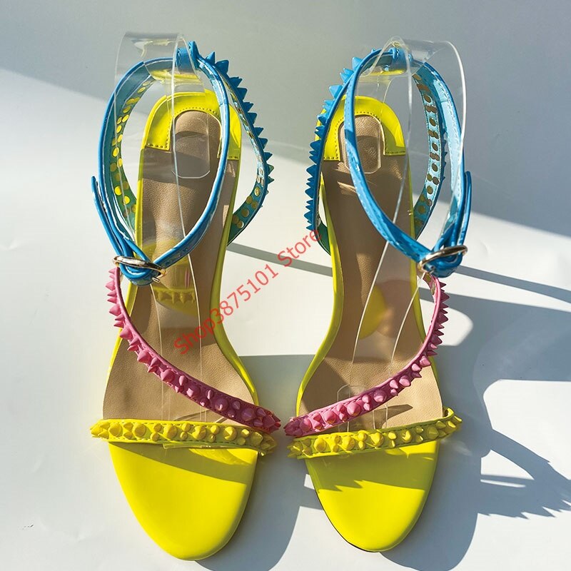 Rivets Cross Strap Summer Heels Sandals Women Thin Heels Sandals Color Studded Summer Classic Party Shoes