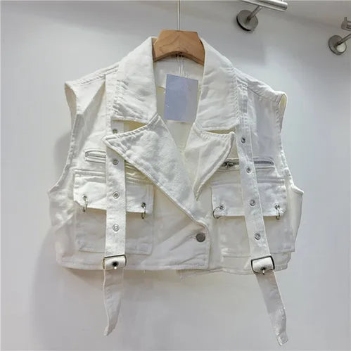 Retro Pink Large Pocket Denim Suit Spring Summer Sleeveless Short Vest High Waist Hip Wrapped Skirt 2 Pieces Sets Women Outfits White vest