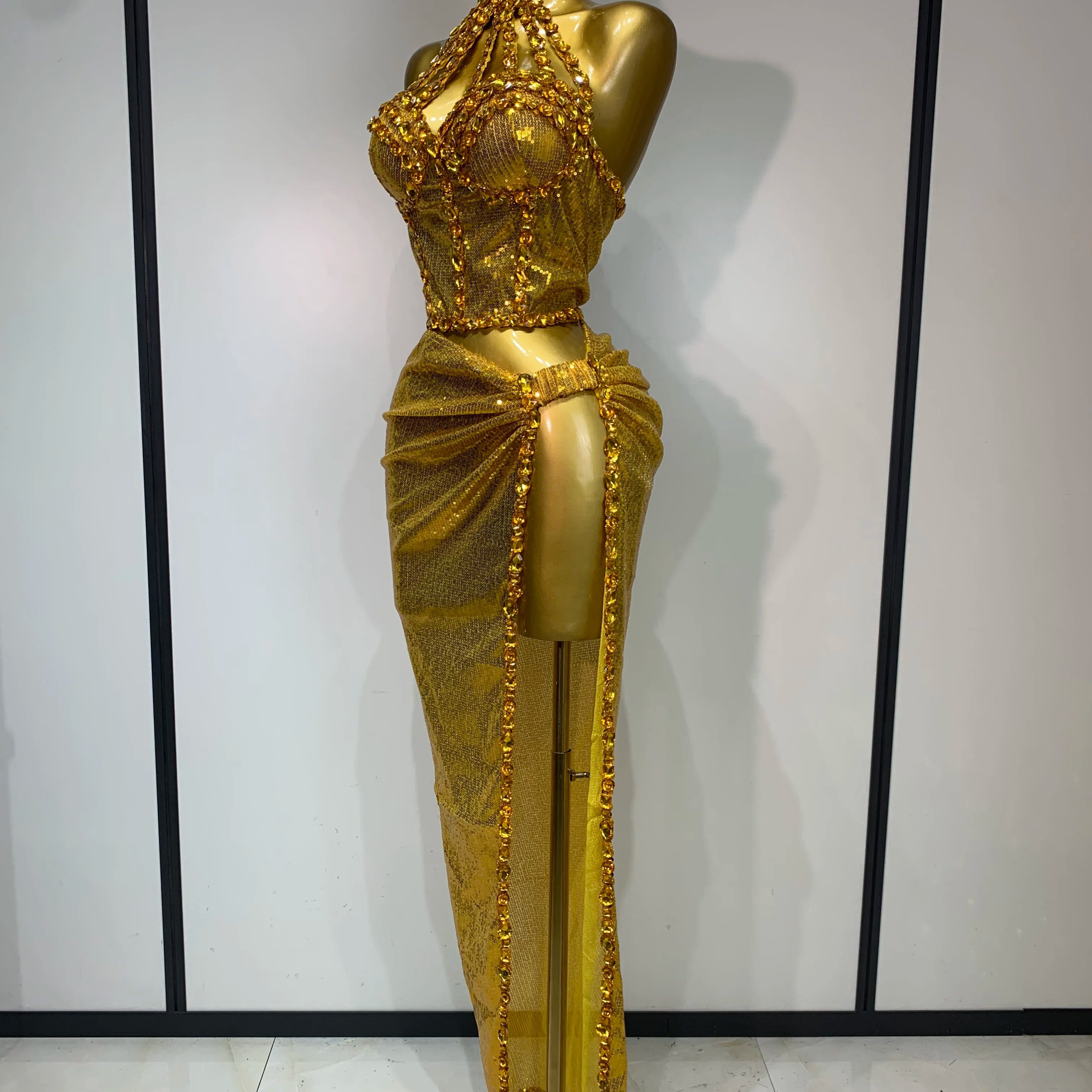 Women Sparkly Gold Rhinestones Top Long Skirt Two Pieces Set Singer Dancer Performance Costume Nightclub Luxury Birthday Dress