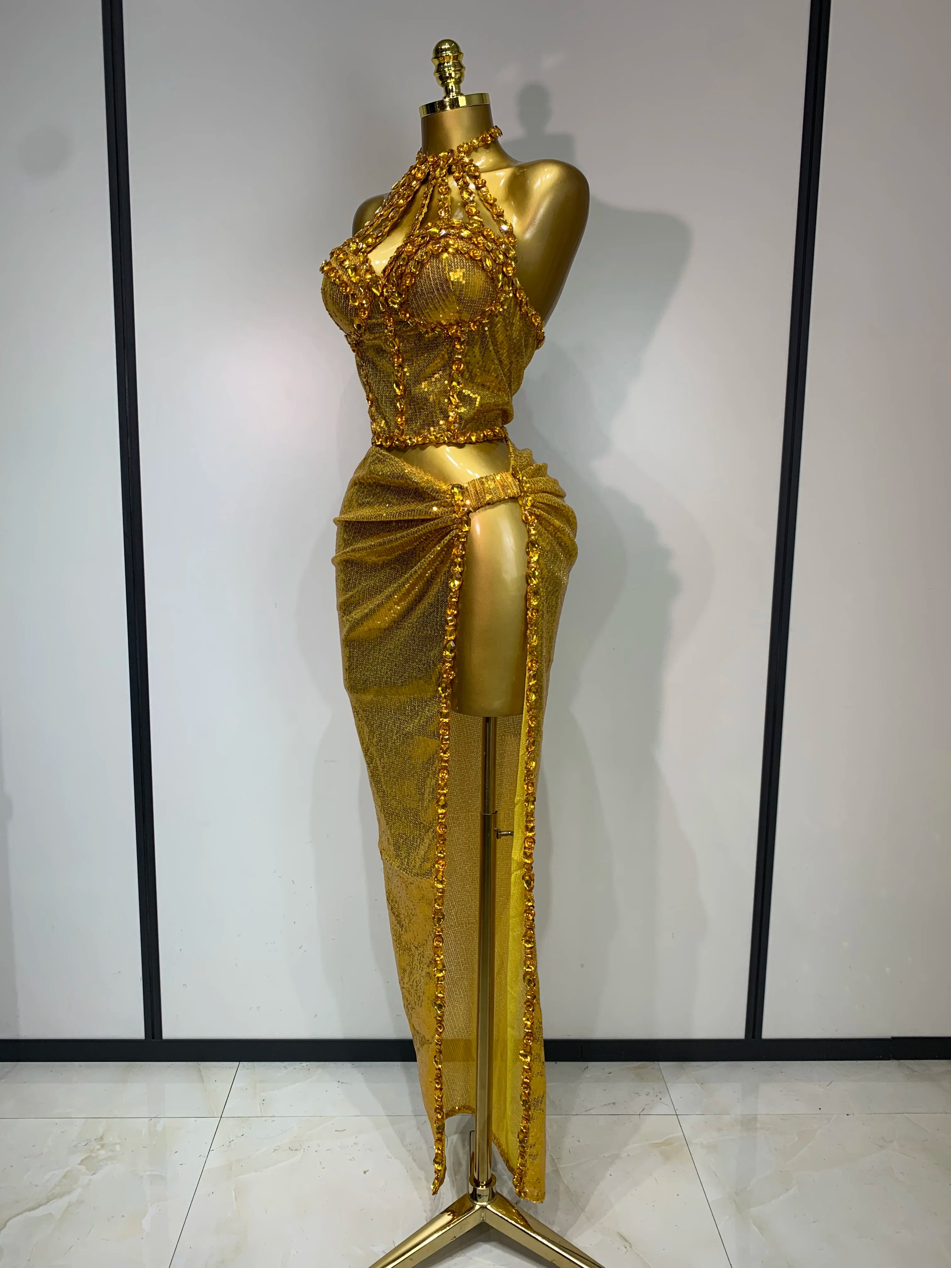 Women Sparkly Gold Rhinestones Top Long Skirt Two Pieces Set Singer Dancer Performance Costume Nightclub Luxury Birthday Dress