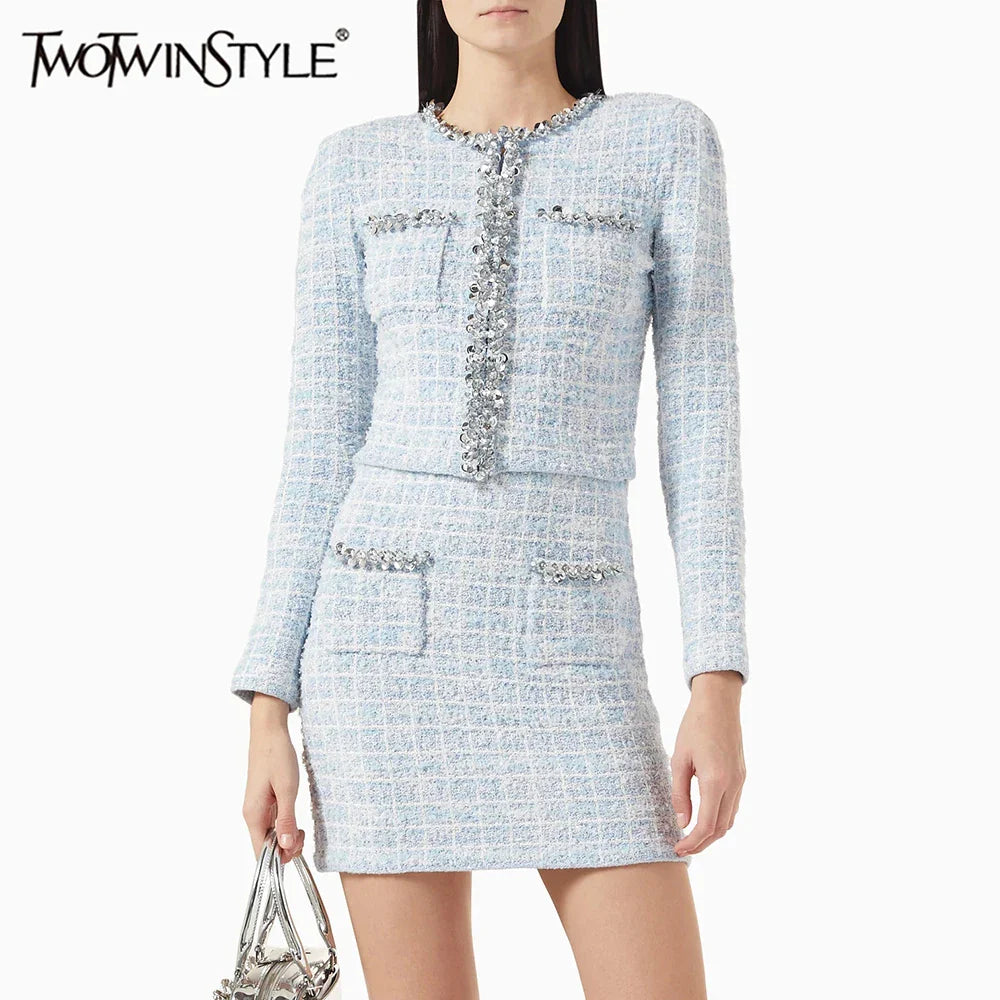 Two Piece Sets for Women Round Neck Long Sleeves Spliced Diamonds Top High Waist Patchwork Pockets Skirt Female New