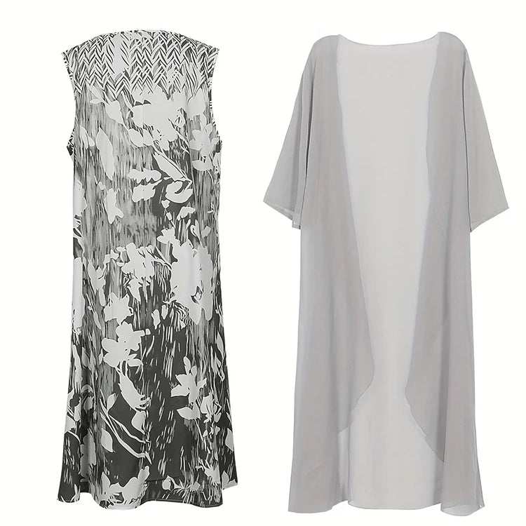 Plus Size 2024 Autumn New Women's Floral Printed Long Dress Printed Pattern Two-piece Dress Round Neck Temperament Elegant Dress