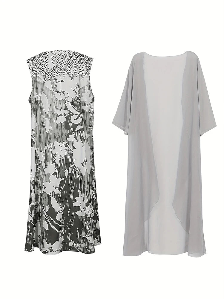 Plus Size 2024 Autumn New Women's Floral Printed Long Dress Printed Pattern Two-piece Dress Round Neck Temperament Elegant Dress