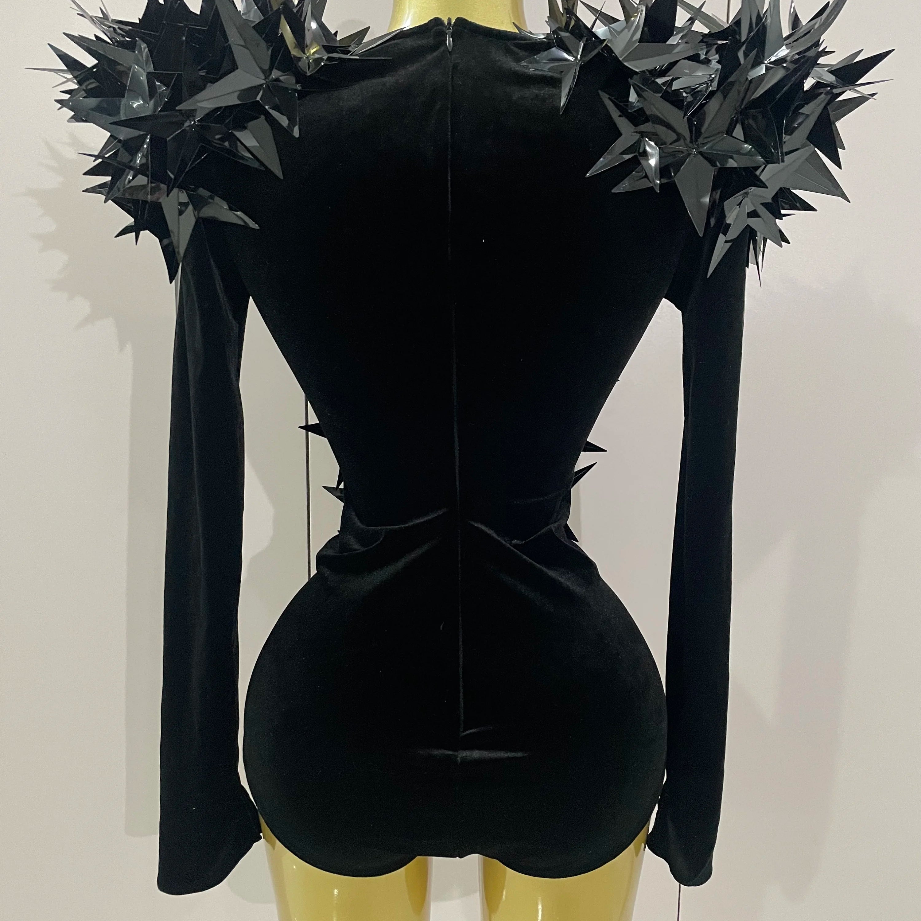 2025 New Shiny Black Rhinestone Velvet Long Sleeve Bodysuit Women Evening Party Club Gala Hosts NightClub Bar Stage Costumes