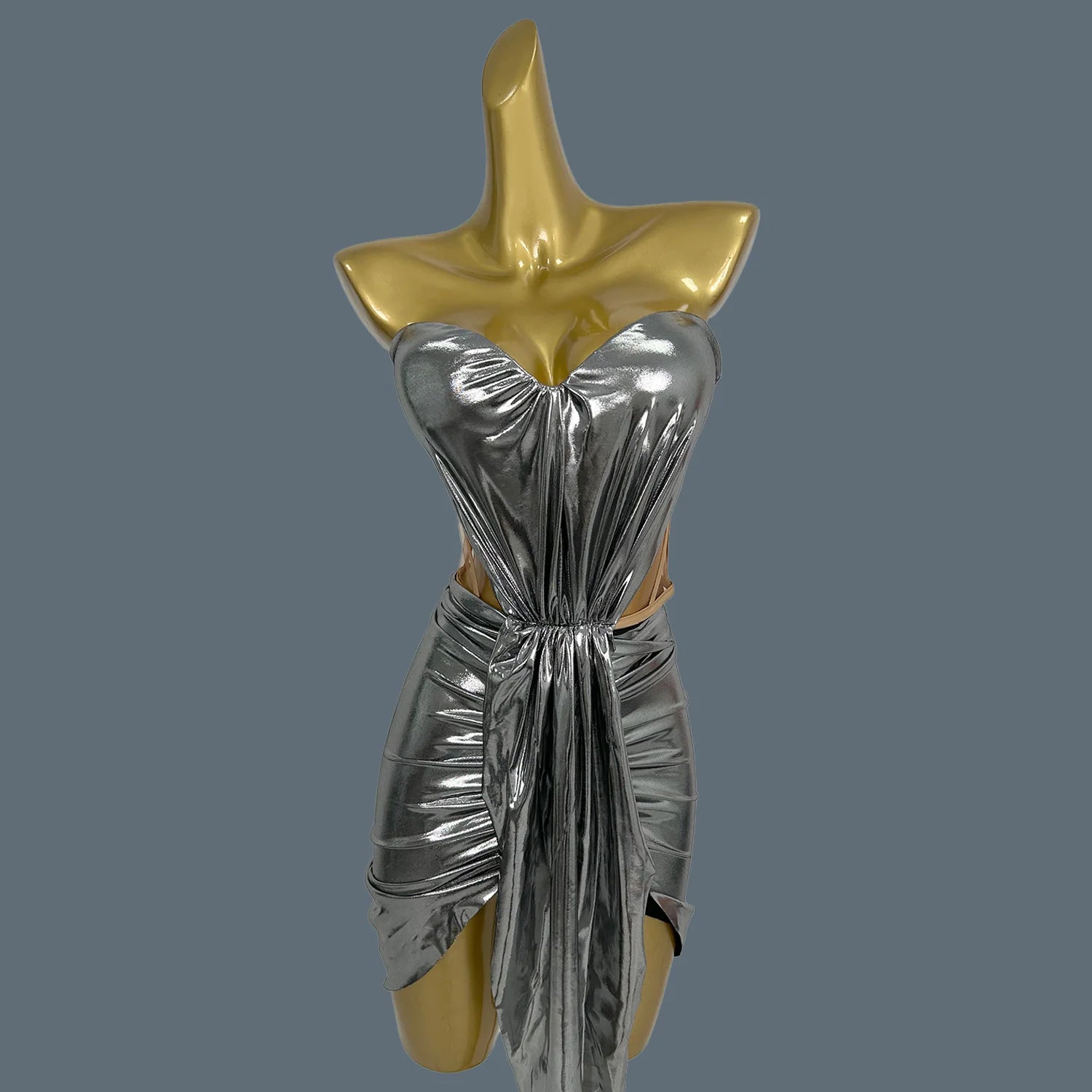 Shine Bandage Strapless Top Mini Skirt 2Pcs Blue Set for Women Sexy Club Dance Wear Bar Celebrate Evening Birthday Dress Yaoxia Black Silver One Size