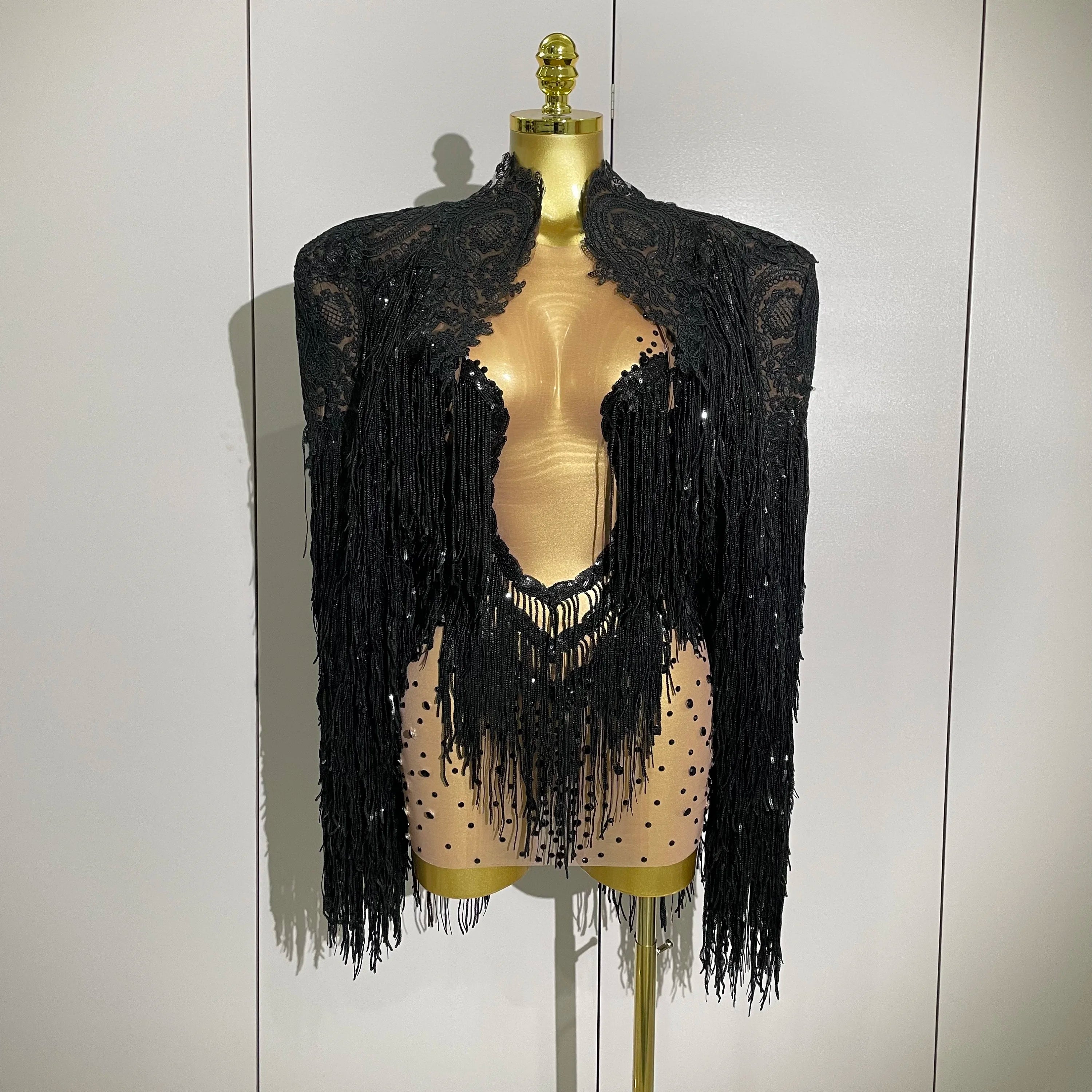 Luxury Sparkly Rhinestone Sequin Tassel Coat Skirt 2Pcs Women Birthday Party Nightclub Stage Performance Costume