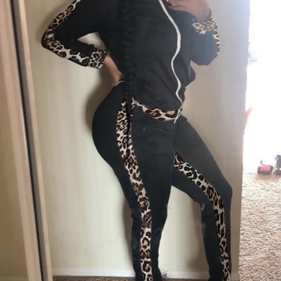 LW Plus Size Leopard Print Tracksuit Set Women Patchwork Zipper Design Mandarin Collar Long Sleeve Two Piece Pants Matching Set