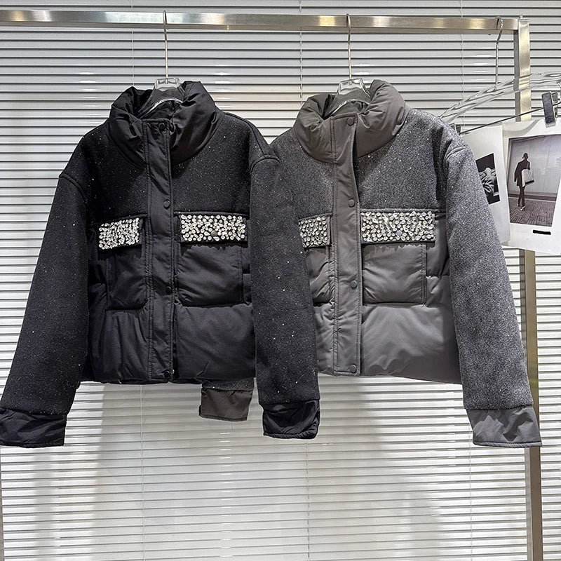 Winter New Fashion Patchwork Shiny Fabric Beaded Pocket Warm Jacket For Women Versatile Cotton-padded Coat 11A07930