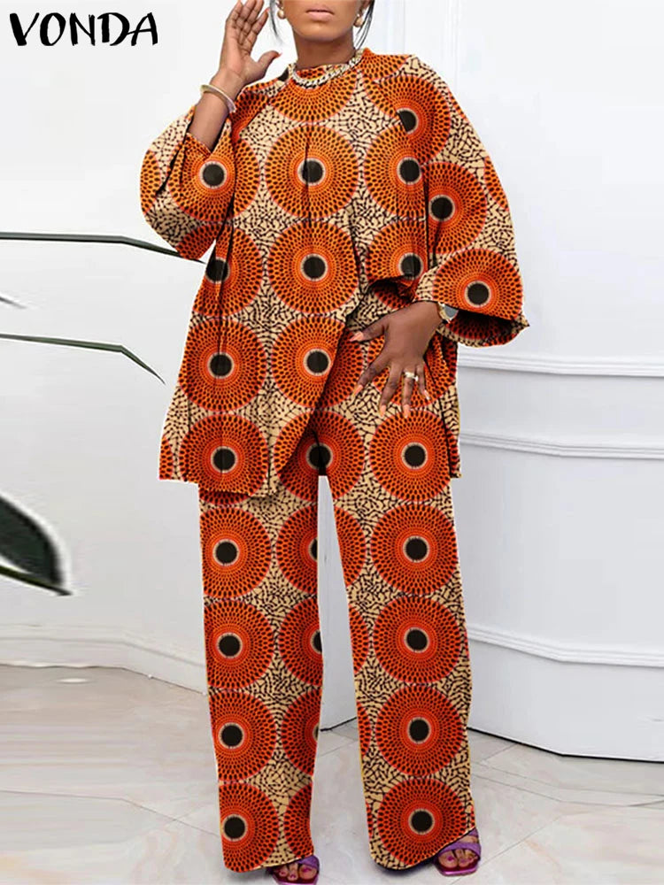 Plus Size VONDA Bohemian Style Printing Outfits Women Elegant Tops Sets O-neck Long Sleeve Casual Loose Two Piece Suits Holiday