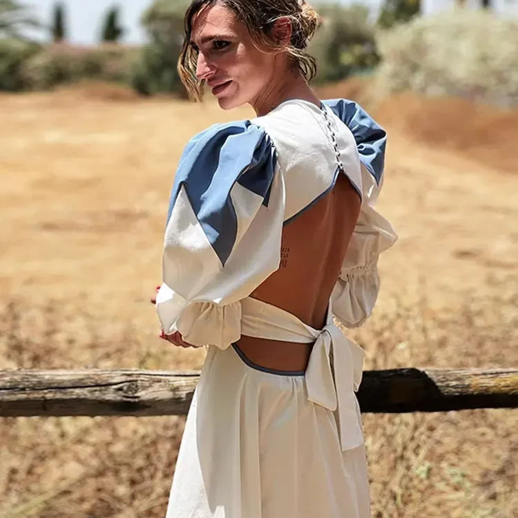 Loose Puff V Neck Backless Printed Maxi Dress Woman Casual Lace Up Lantern Sleeve Robe New Ladies Chic High Street Vestidos Blue