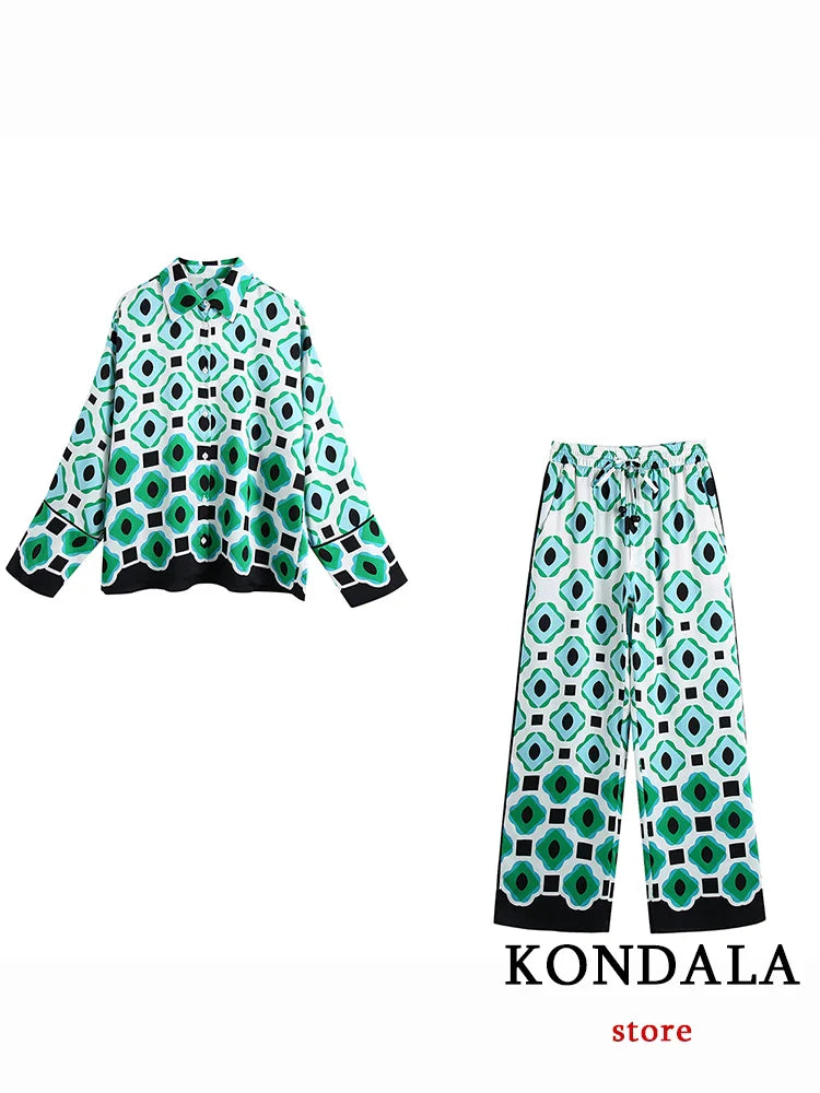 KONDALA Geometric Print Vintage Women Suits Autumn Fashion Oversized Long Shirts and High Waist Wide Leg Pants Women Set Suit