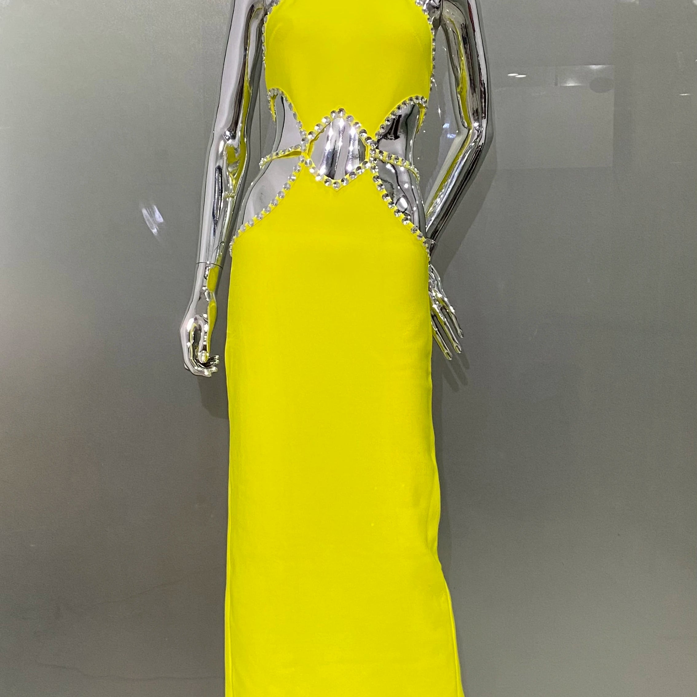 STOCK Lemon Yellow Sexy Hollow Out Sparkling Diamonds Ankle Length Bandage Dress Elegant Woman Evening Party Outfit Yellow