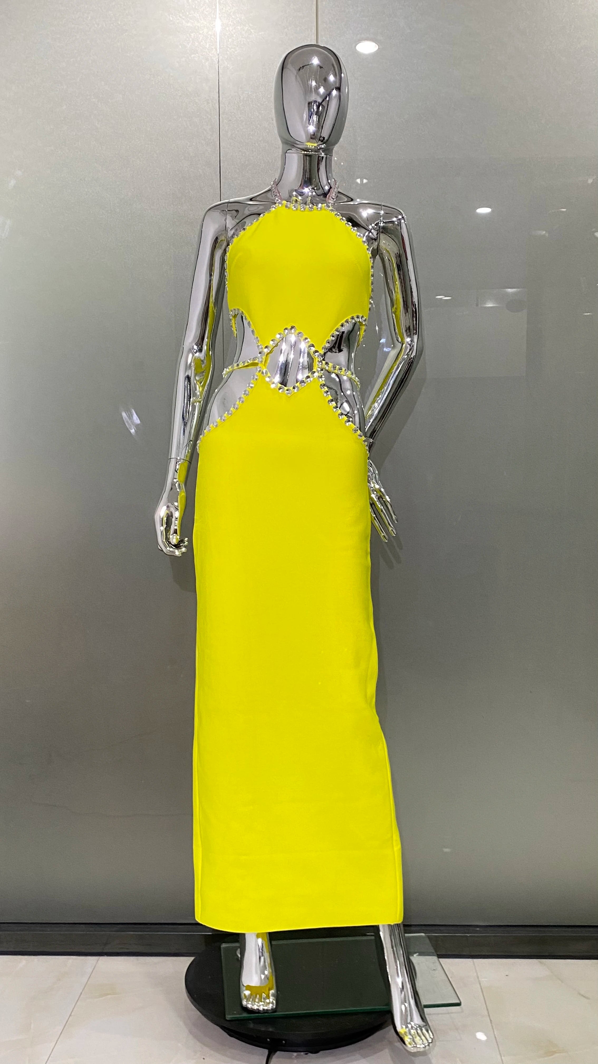 STOCK Lemon Yellow Sexy Hollow Out Sparkling Diamonds Ankle Length Bandage Dress Elegant Woman Evening Party Outfit Yellow