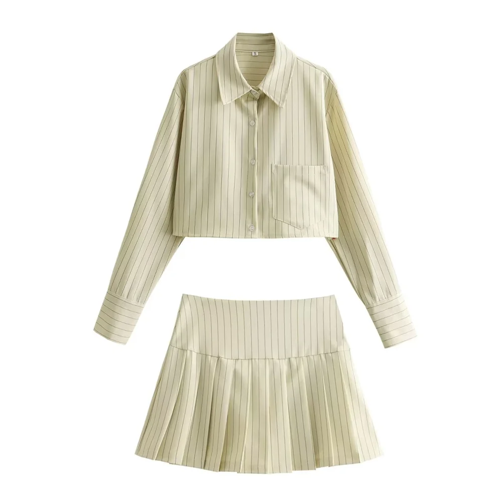 PB&ZA Spring New Women's Fashion and Elegance Simple and Versatile Stripe Short Top+Folded Half Skirt Set suit