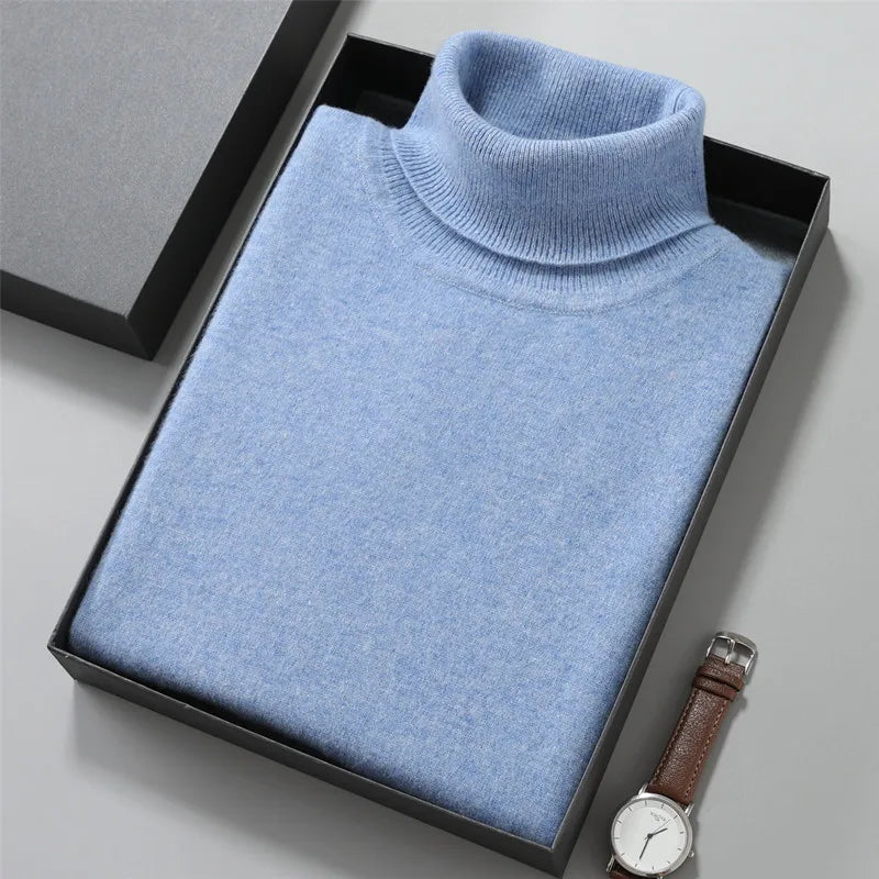 Turtleneck Men Pullovers Autumn Winter Soft Light Warm Rolled Neck Jumper Jersey Pull Homme Knitted Sweater light blue
