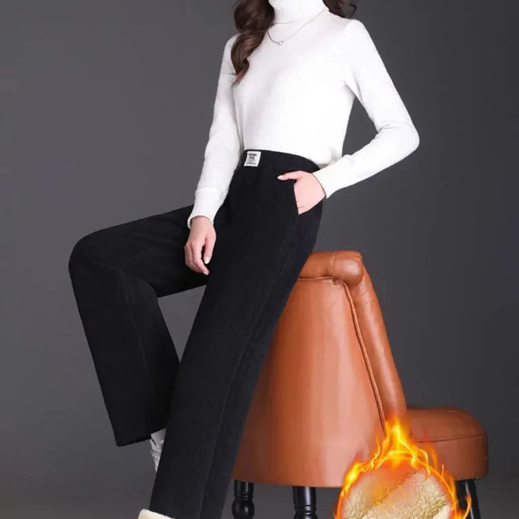 Winter Fleece Lined Wide Leg Pants CasualThicken Warm Baggy Sweatpants Women HighWaist Korean Lamb Fluff Straight Pantalones