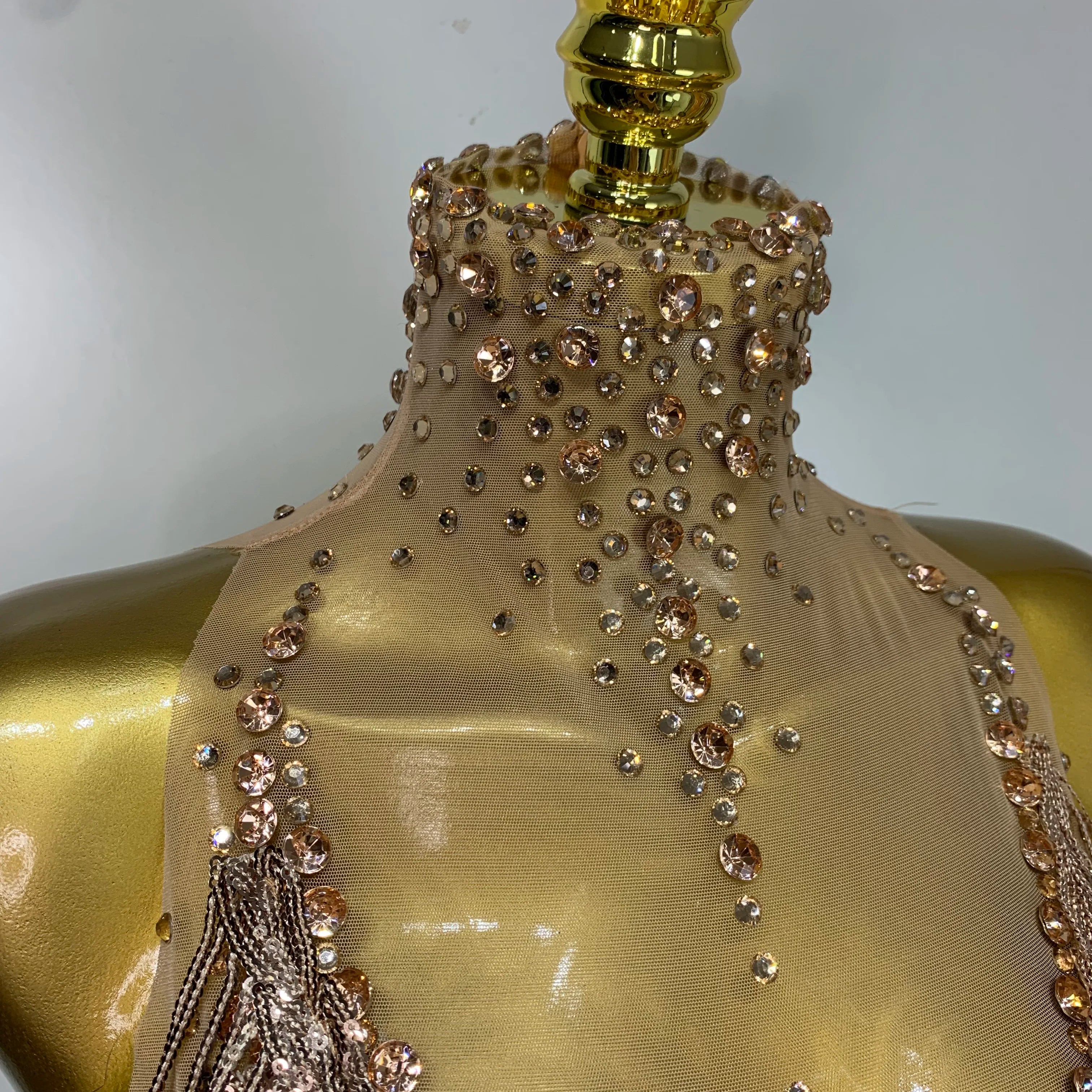 Women Sexy Stretch Mesh Sparkly Rhinestone Tassels Mini Dress Nightclub Singer Dance Stage Costume Evening Party Birthday Gowns