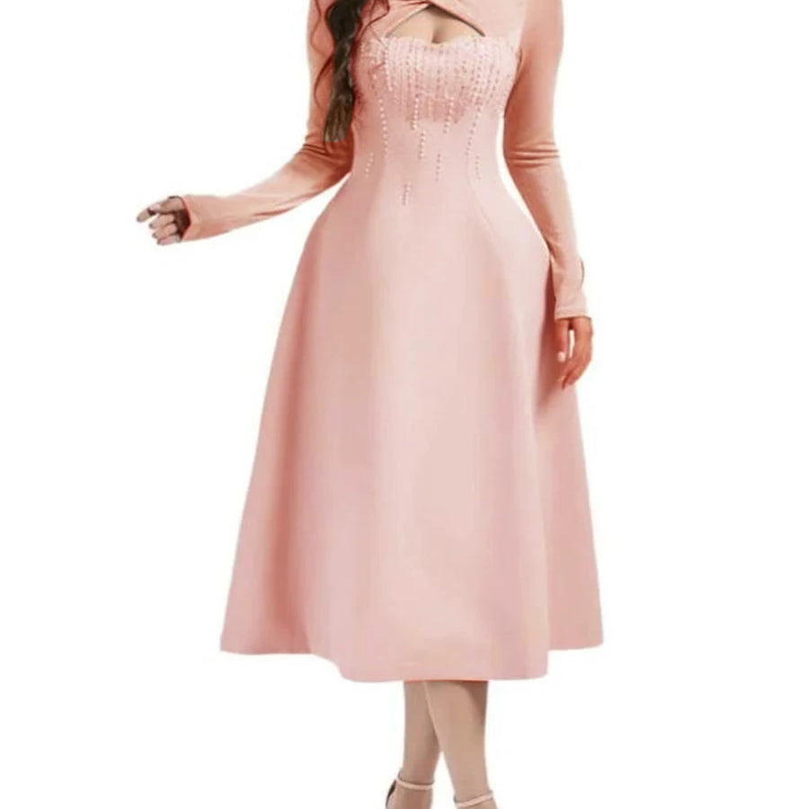 Solid Slimming Bead Elegant Dresses for Women Round Neck Long Sleeve Hollow Out Temperament Dress Female Clothing