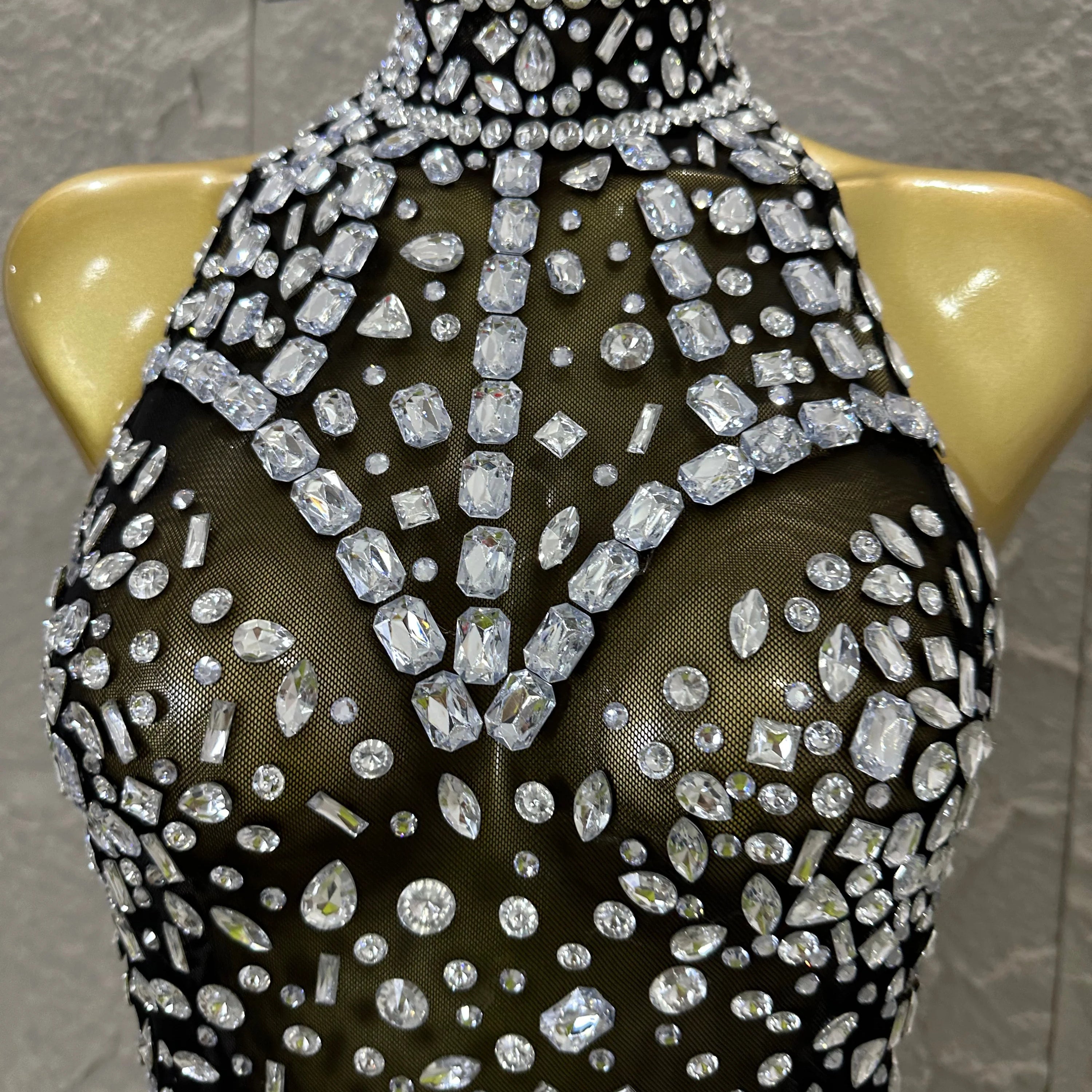 Pink Nude Sleeveless Bodysuit Women Sheer Mesh Crystal Rhinestone Embellished Formal Event Performance Costume