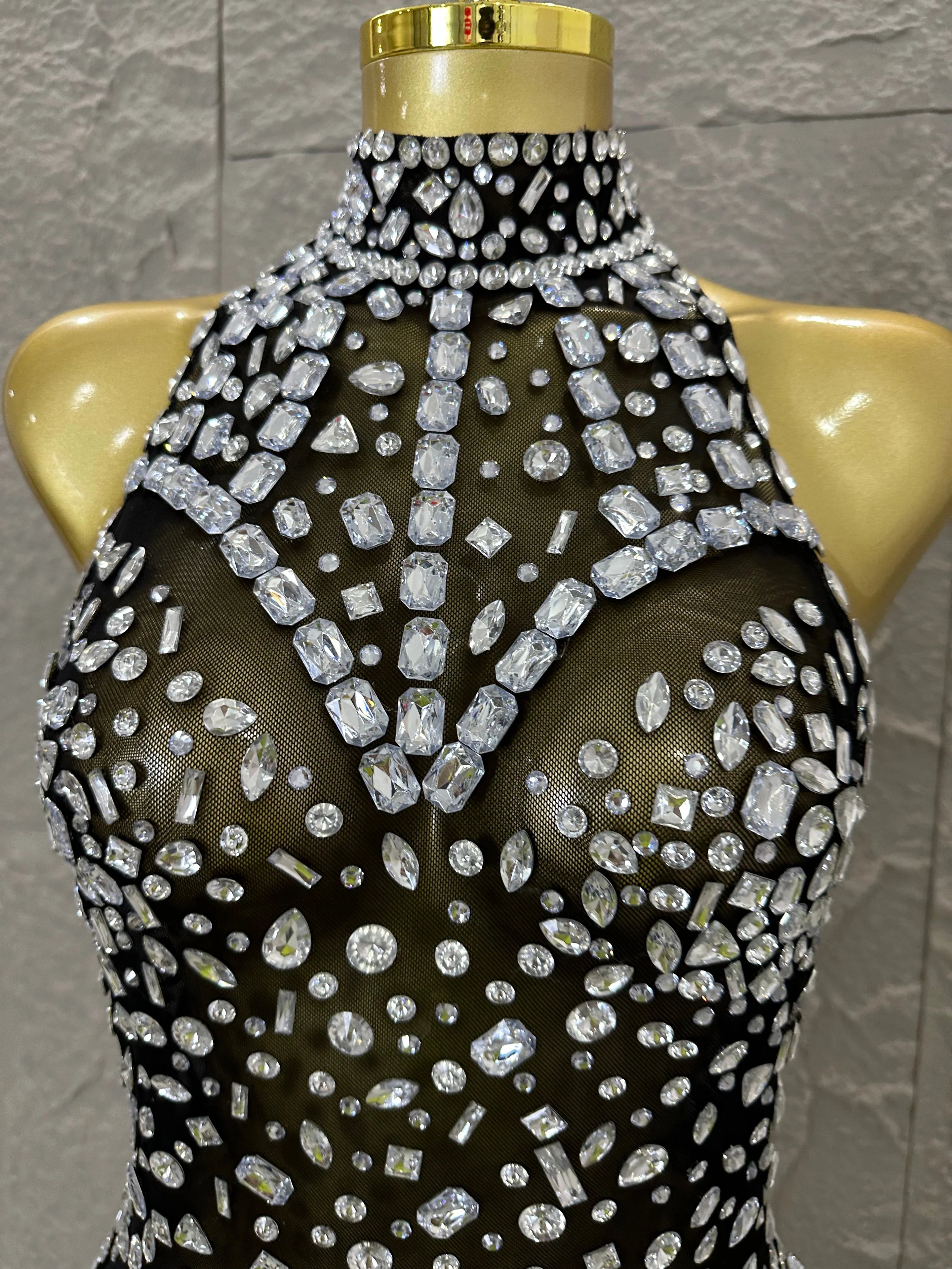 Pink Nude Sleeveless Bodysuit Women Sheer Mesh Crystal Rhinestone Embellished Formal Event Performance Costume