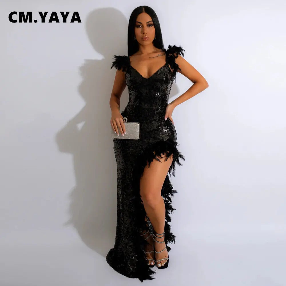 Women Sequined Spaghetti Strap Feather Hem High Side Slit Mermaid Trumpet Bodycon Midi Evening Sexy Party Maxi Dresses