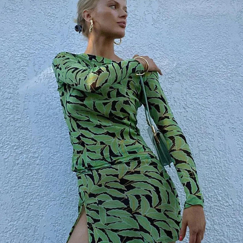 Clacive Bodycon Print Women's Dress Fashion Slim O-Neck Long Sleeve Mini Dress Elegant Classic Slit Party Dresses Female green CHINA