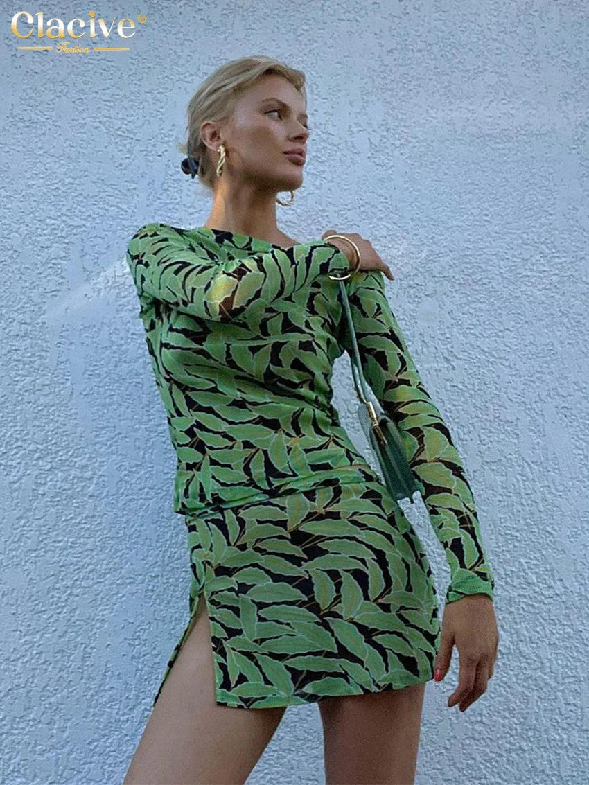 Clacive Bodycon Print Women's Dress Fashion Slim O-Neck Long Sleeve Mini Dress Elegant Classic Slit Party Dresses Female green