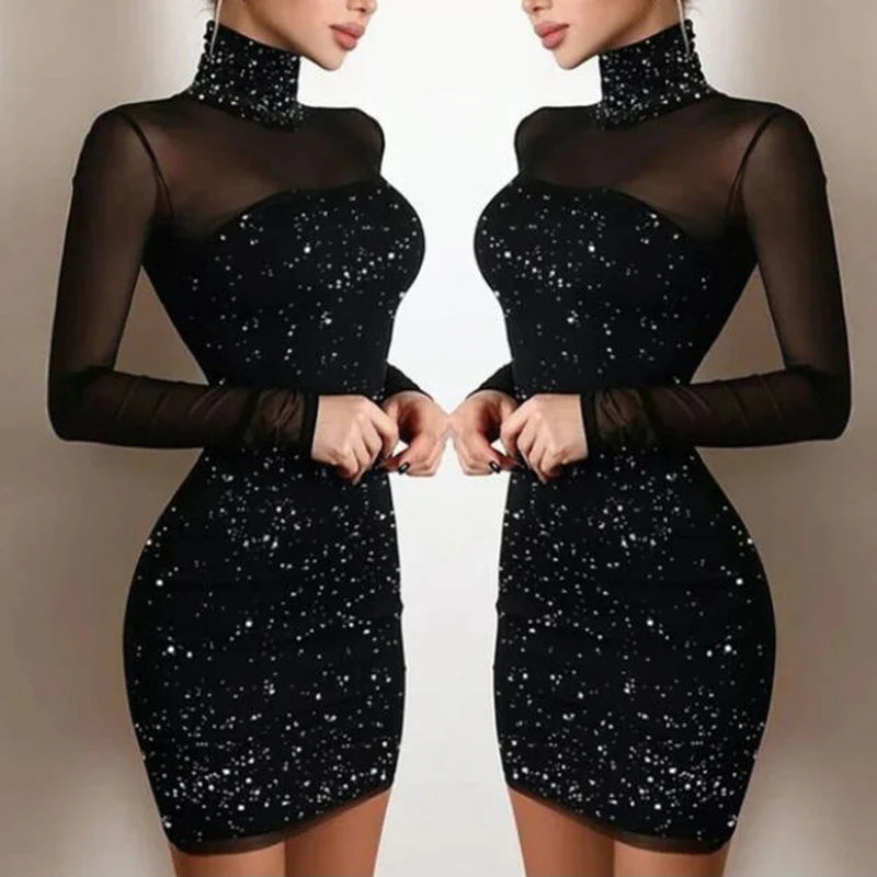 Women Mini Dress Sexy Lace Long Sleeve Slash Neck Turtleneck Dress Night Club Party Bodycon Dress New Elegant Princess Dress