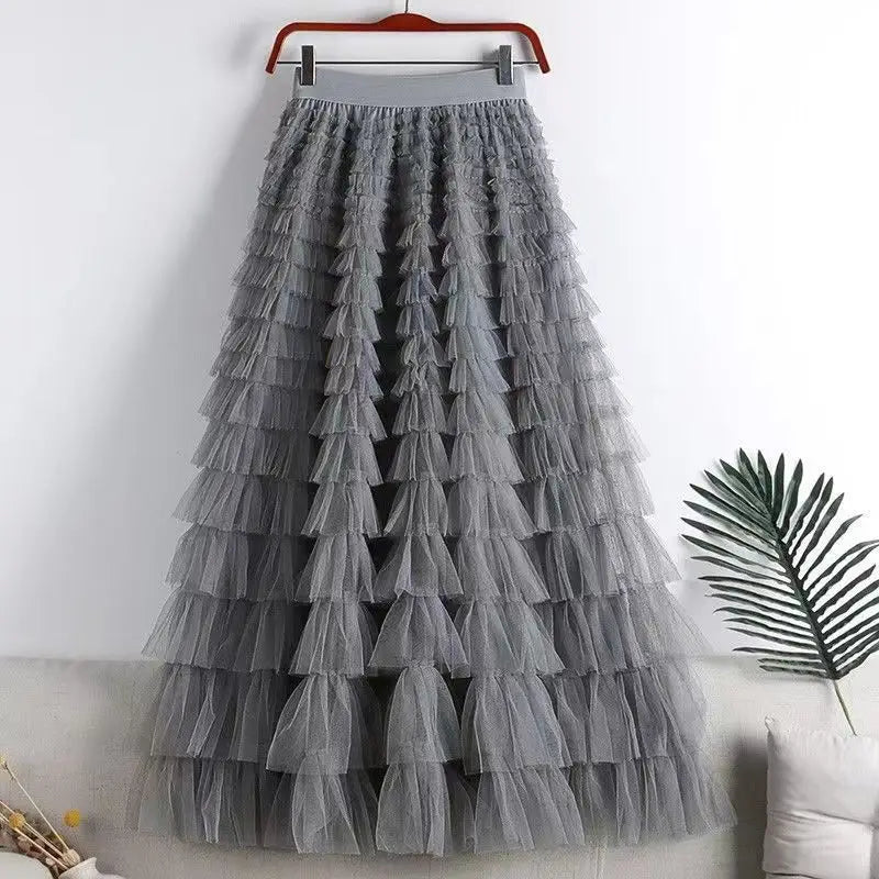 Casual Womens Solid Ball Gown Long Skirt Tulle High Waist Pleated Tutu Skirt Elegant Ladies Wild Mesh Dating Maxi Skirts Drop Dark Grey