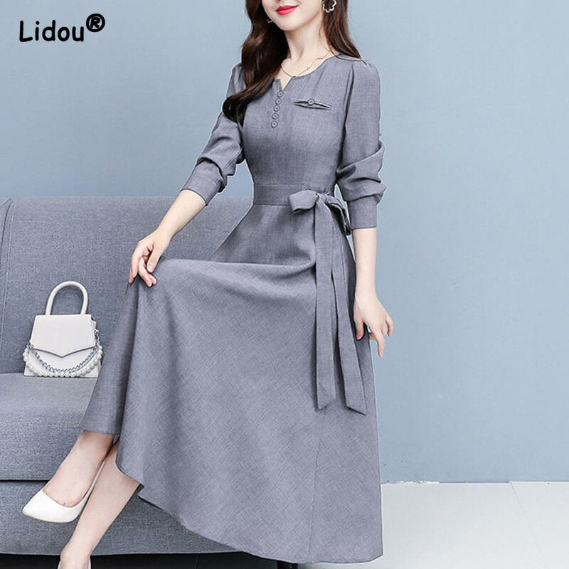 V-neck Elegant Fashion Long Sleeve Button Elastic Waist Belt Dress Comfortable Simple Solid Color Autumn Women's Clothing Gray
