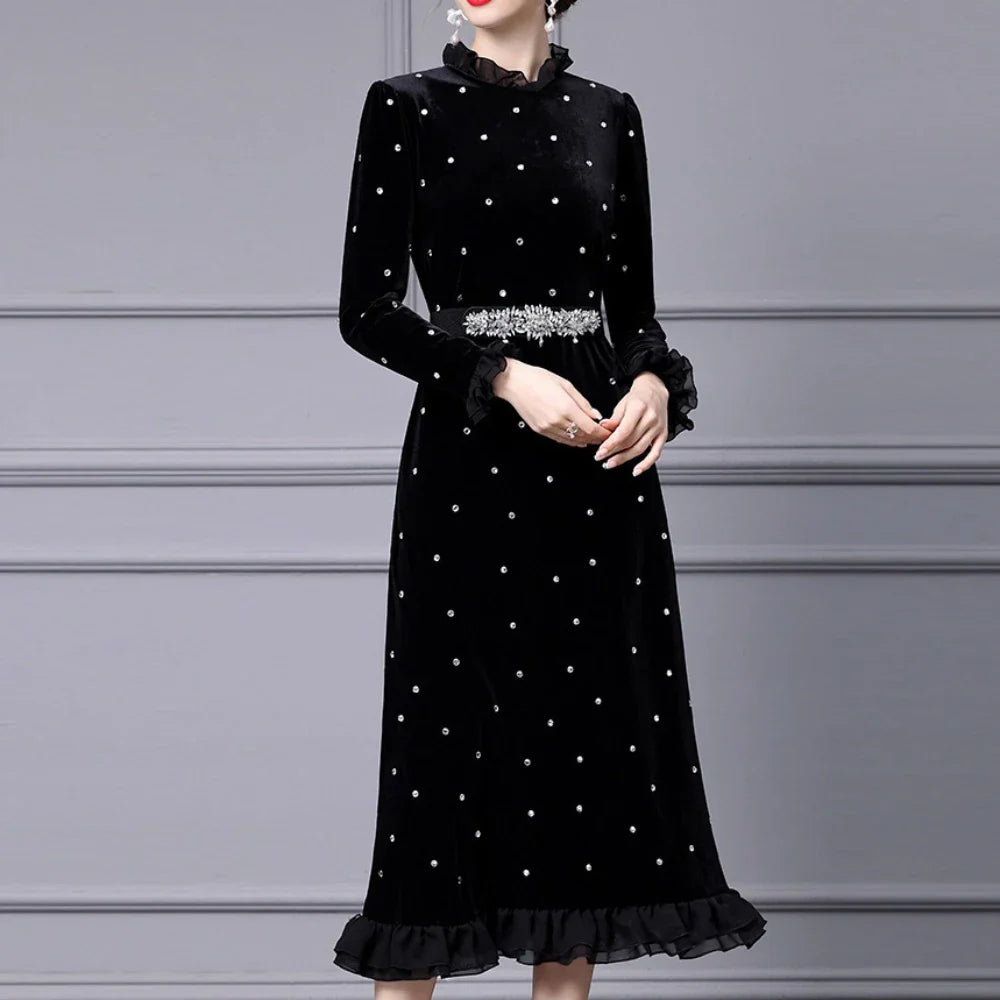 Solid Slimming Spliced Wave Point Elegant Dresses for Women Round Neck Long Sleeves Patchwork Bead Dress Female New