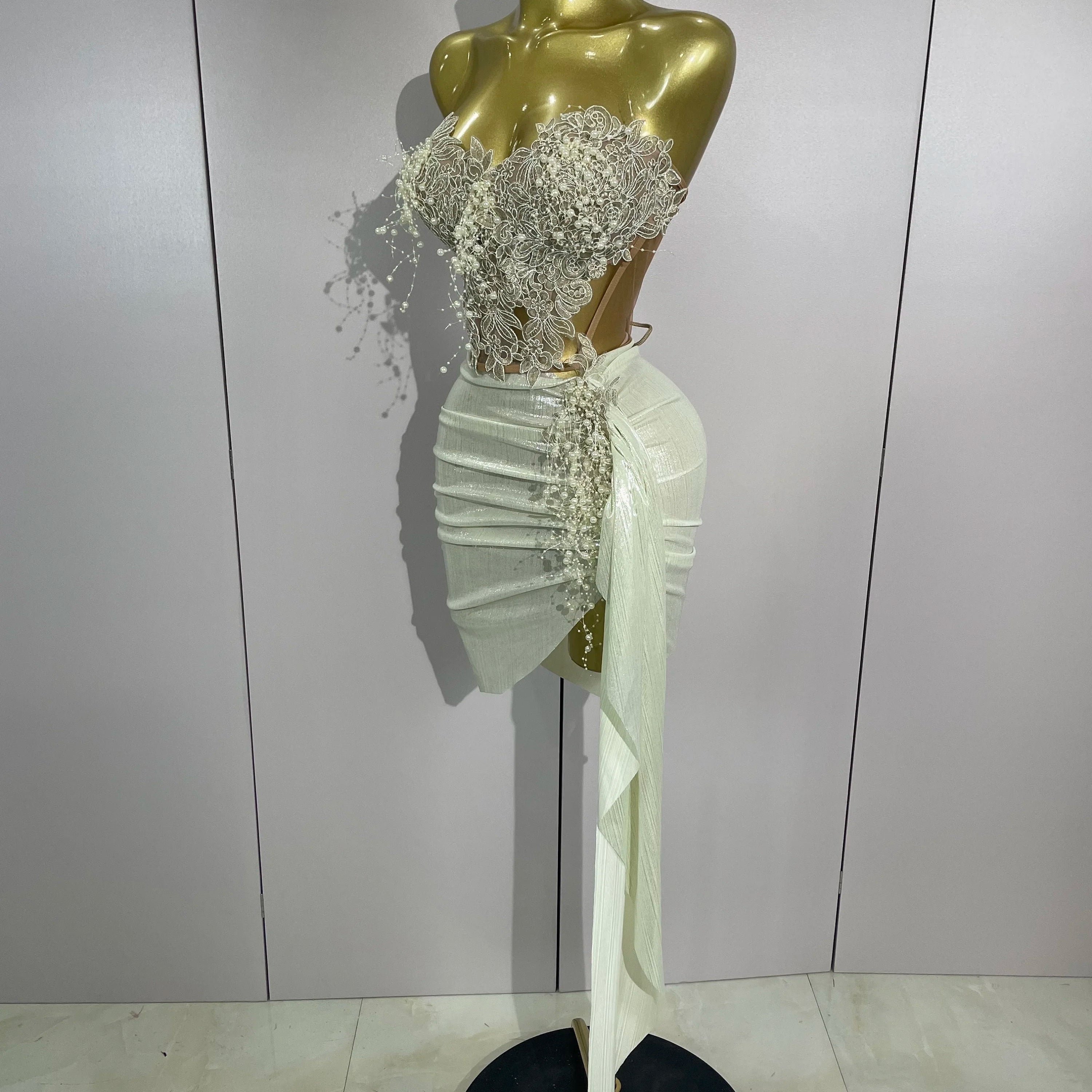 STOCK Luxury Shining Pearls Sexy Asymmetrical Skirt 2 PCS Set 2025 Women Evening Birthday Party Stage Dancer Performance Costume