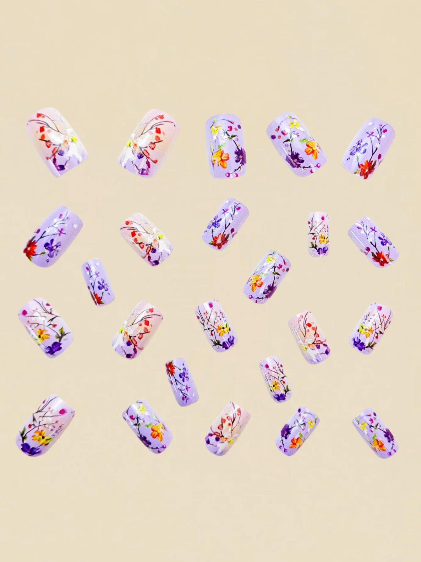 Medium and long square-shaped European manicure, fashionable manicure for New Year and spring and summer, purple gradient flower