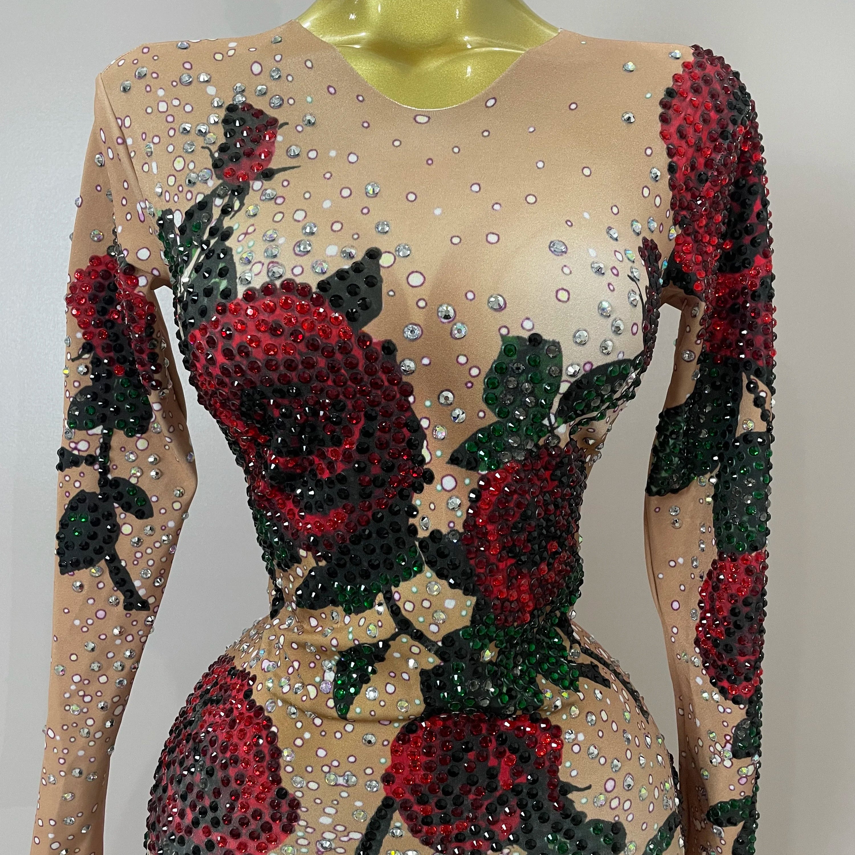 Sexy Shiny Rhinestone Rose Floral Floor-Length Dress Evening Women Eveing Celebrate Birthday Party Nightclub Performance Costume