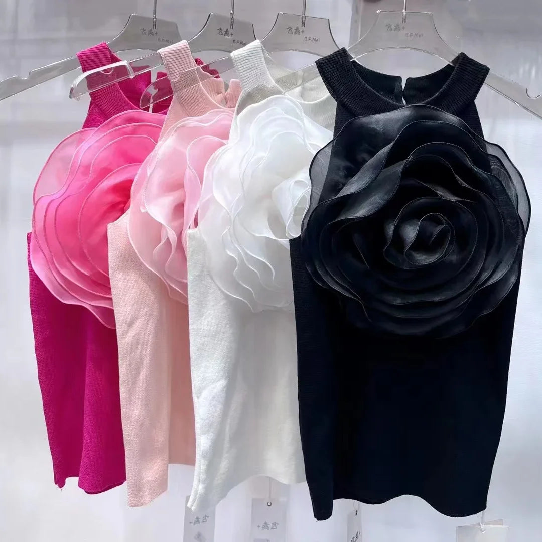 Summer Knitwear Sexy Crop Tank Top Femme Black White 3D Flower Sexy Sleeveless Knitted Top Slim Fit Halter Vest
