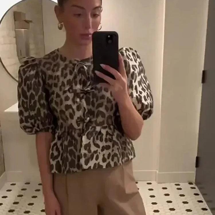 Leopard Print Lace Up Bow Top Women Hollow Out Puff Short Sleeve O-neck Shirt Female Summer Lady Fashion Commuter Tops
