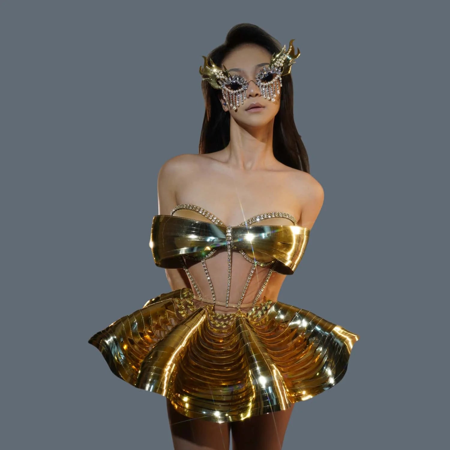Special Design 2Piece Backless Bandage Mini Dress Set Dance Stage Outfit Sexy Party Performance Sequins Crystals Costume Feidie Gold One Size