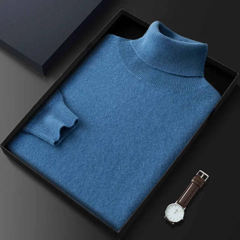 Turtleneck Men Pullovers Autumn Winter Soft Light Warm Rolled Neck Jumper Jersey Pull Homme Knitted Sweater Blue