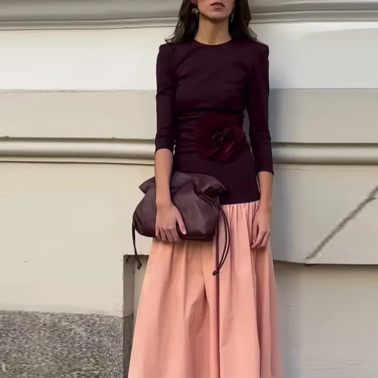 Elegant Round Collar Long Sleeve Slim Robe Women Contrast Spliced Pleated Hem Long Dress New Lady Fashion Evening Party Dresses