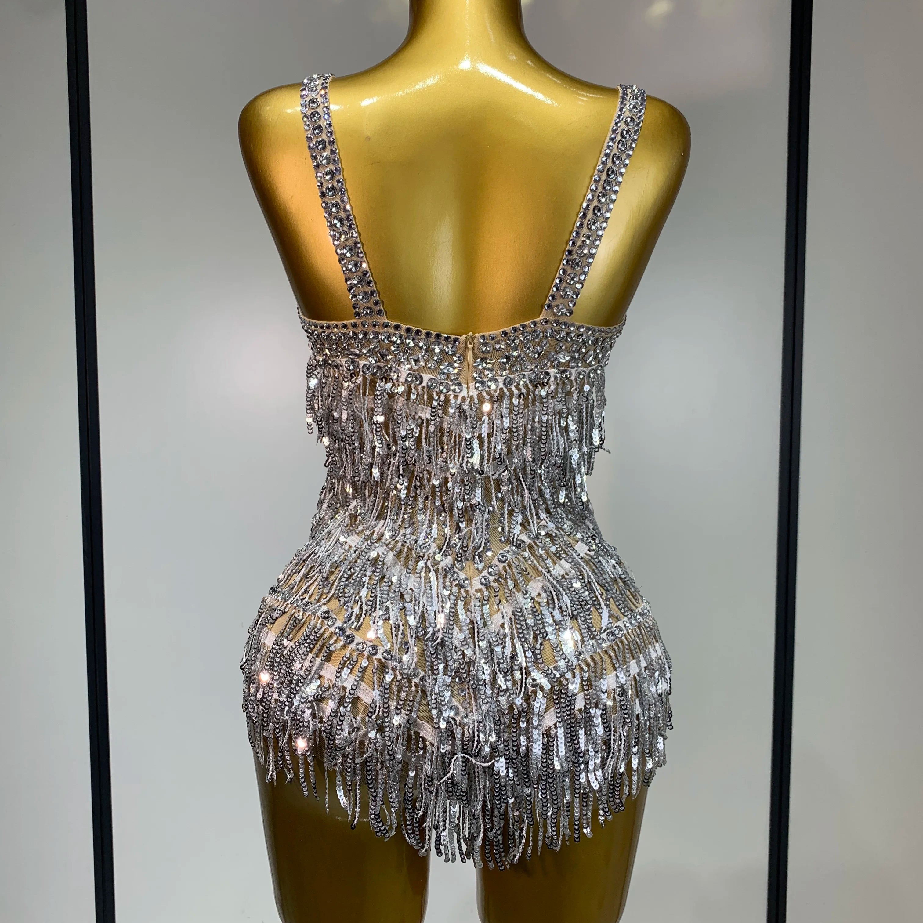 Sparkly Rhinestone Tassel Sexy Backless Mesh Bodysuit Women Luxury Birthday Party Nightclub Bar Dencer Stage performance Costume